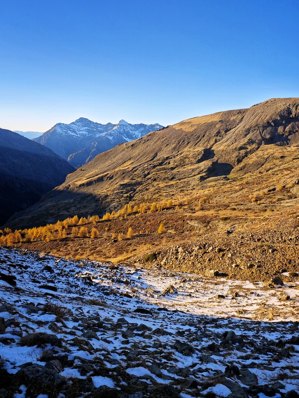 Erster Schnee und goldene Lärchen im Vallon de Chaillol, Ende Oktober