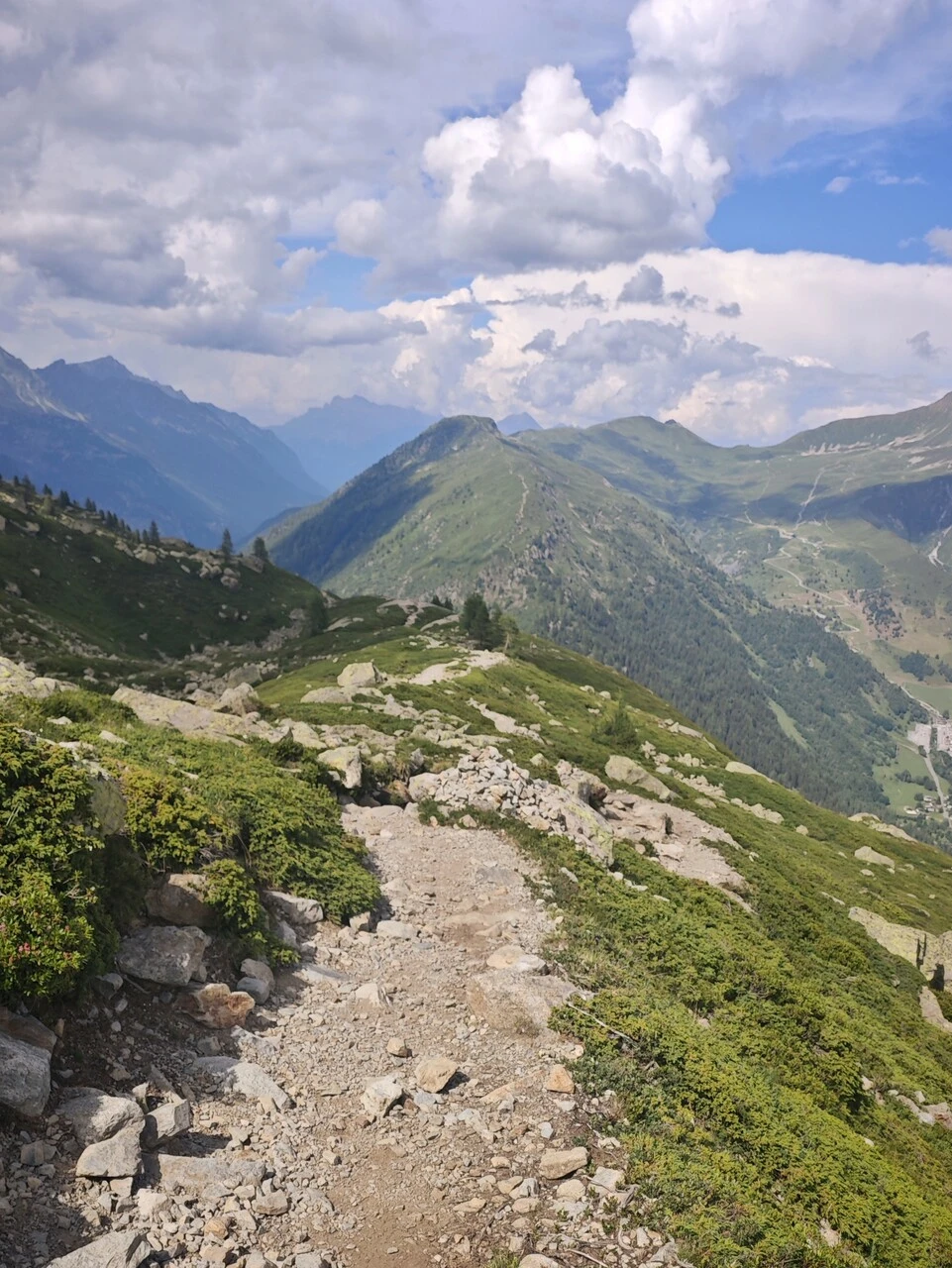 Der steinige Weg, der von den Chéserys zum Col des Montets abfällt