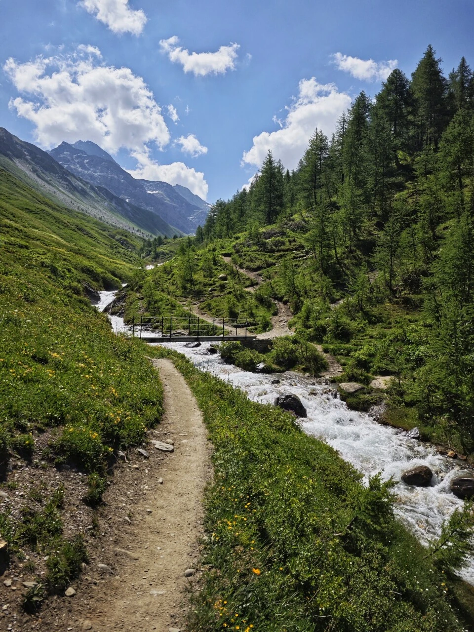 Weg entlang des Wildbachs beim Verlassen der Refuge Bonatti